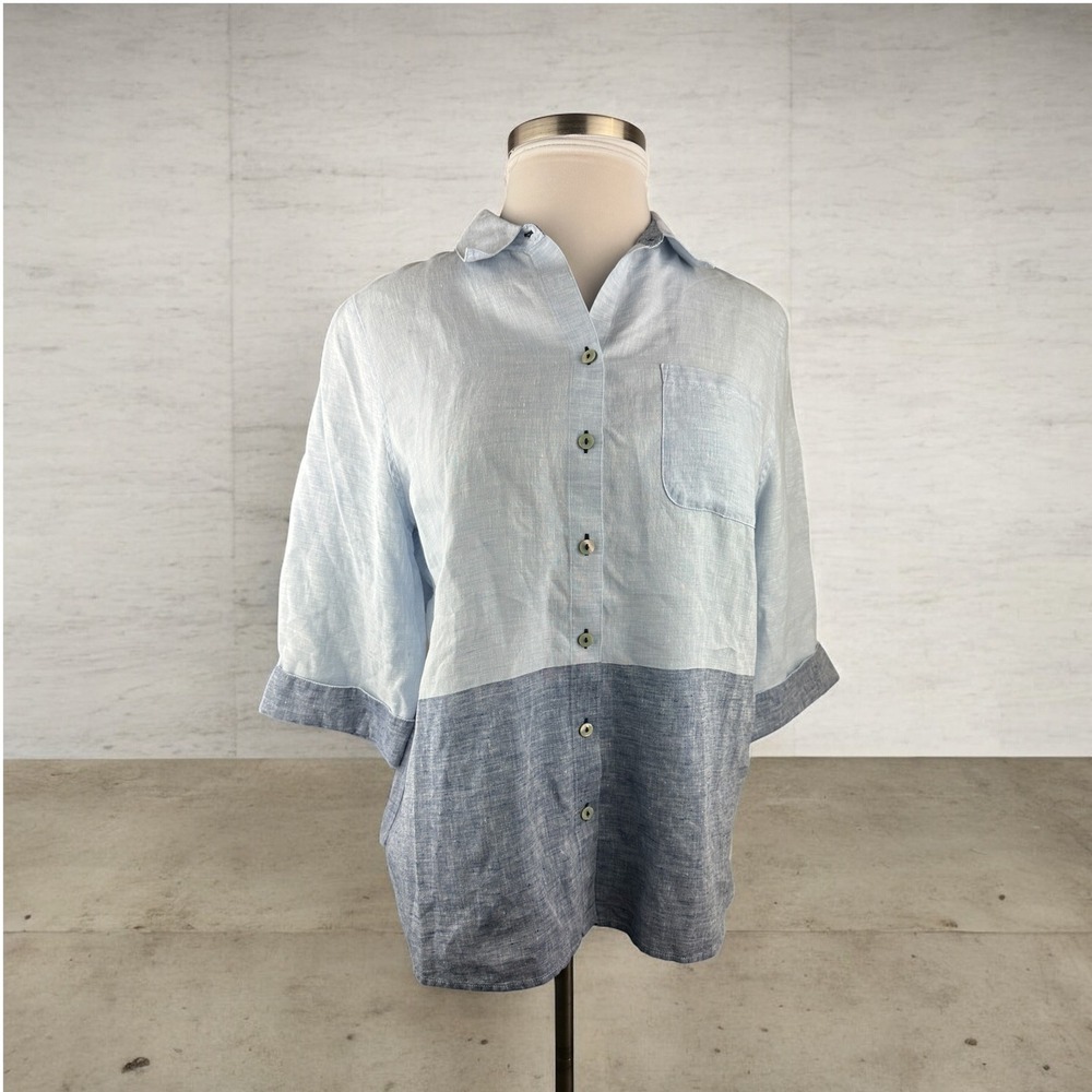 Chico's 100% Linen No-Iron Button-Up Shirt Colorblock TopSize 2 12 / 14 Coastal - Picture 2 of 10